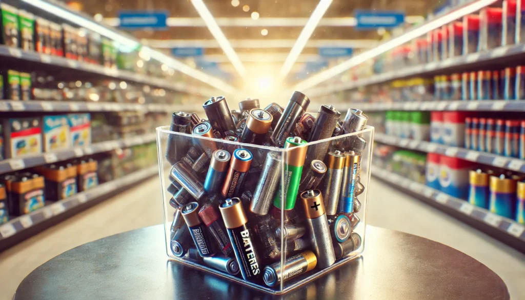 Recipiente transparente em um supermercado, cheio de pilhas e baterias de diferentes tipos e tamanhos, algumas com sinais de desgaste e corrosão, ao fundo prateleiras de produtos desfocados.