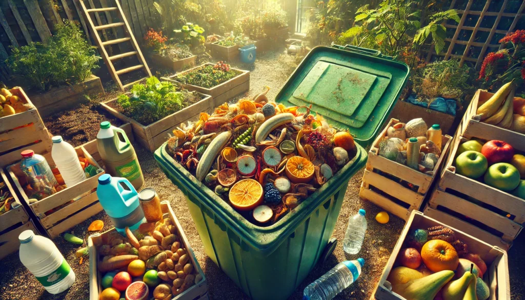 Compostagem de jardim cheia de restos de frutas, vegetais e folhas secas ao lado de uma lixeira com materiais recicláveis organizados, em um ambiente residencial ao ar livre.