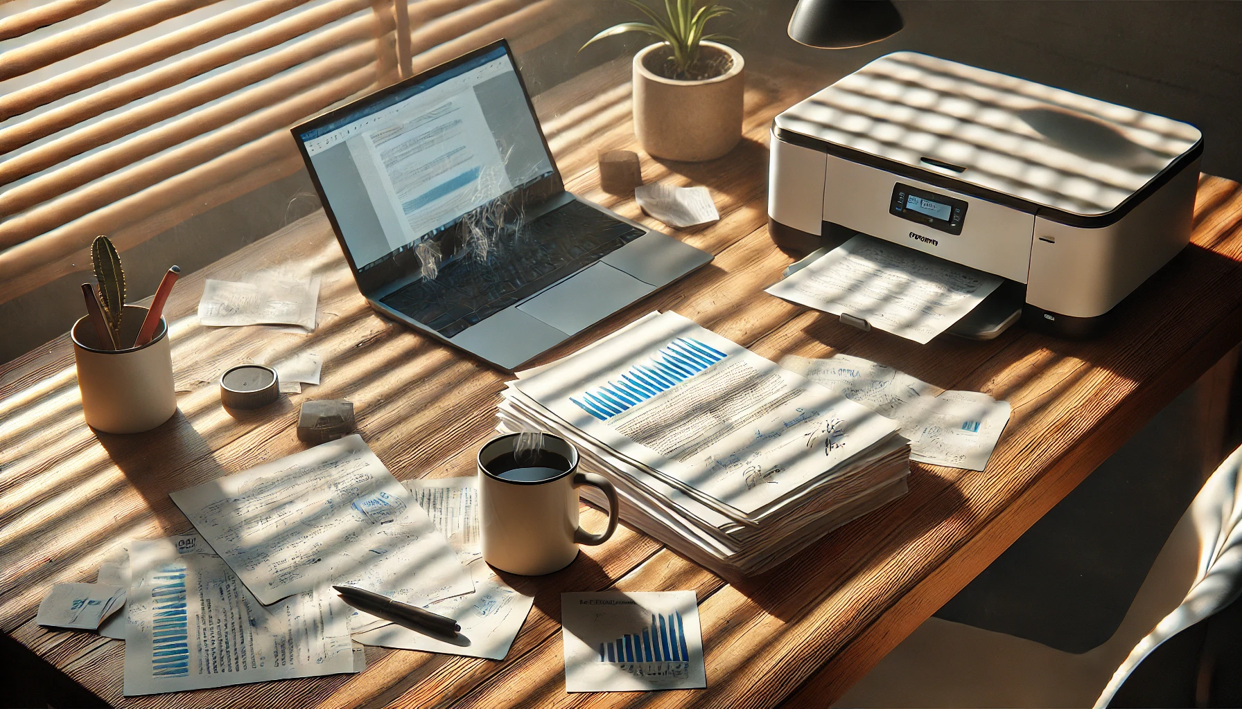 Mesa de escritório moderna com luz natural, contendo folhas de papel A4 desorganizadas, laptop em standby, caneca de café e impressora compacta, mostrando um ambiente realista de trabalho cotidiano