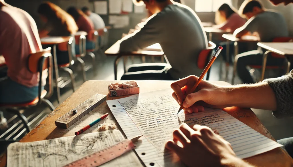 Sala de aula clássica com aluno escrevendo em papel A4, cercado por materiais escolares como lápis, borracha e régua, transmitindo a importância do papel na educação.