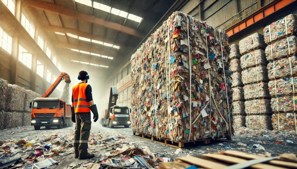 Instalação de reciclagem de papel com fardos de papel compactado, trabalhador organizando materiais recicláveis e caminhões ao fundo, representando o processo de reciclagem e sustentabilidade.